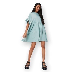 Nasty Gal Ruffle Sleeve Oversized Smock Mini Dress In Sage Size M